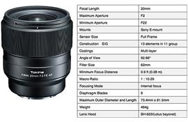 Tokina giới thiệu ống kính lấy nét tự động FíRIN 20mm F2.0 FE AF cho Sony E-Mount