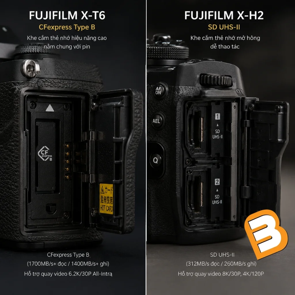 Khe cắm thẻ nhớ kép SD trên Fujifilm X-T6 so với CFexpress trên X-H2