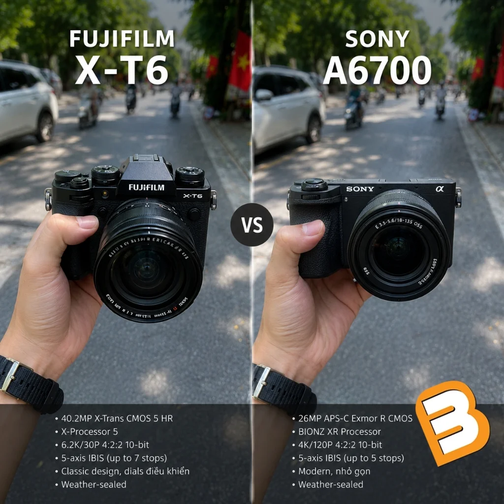 So sánh chi tiết máy ảnh Fujifilm X-T6 và Sony A6700 chính hãng